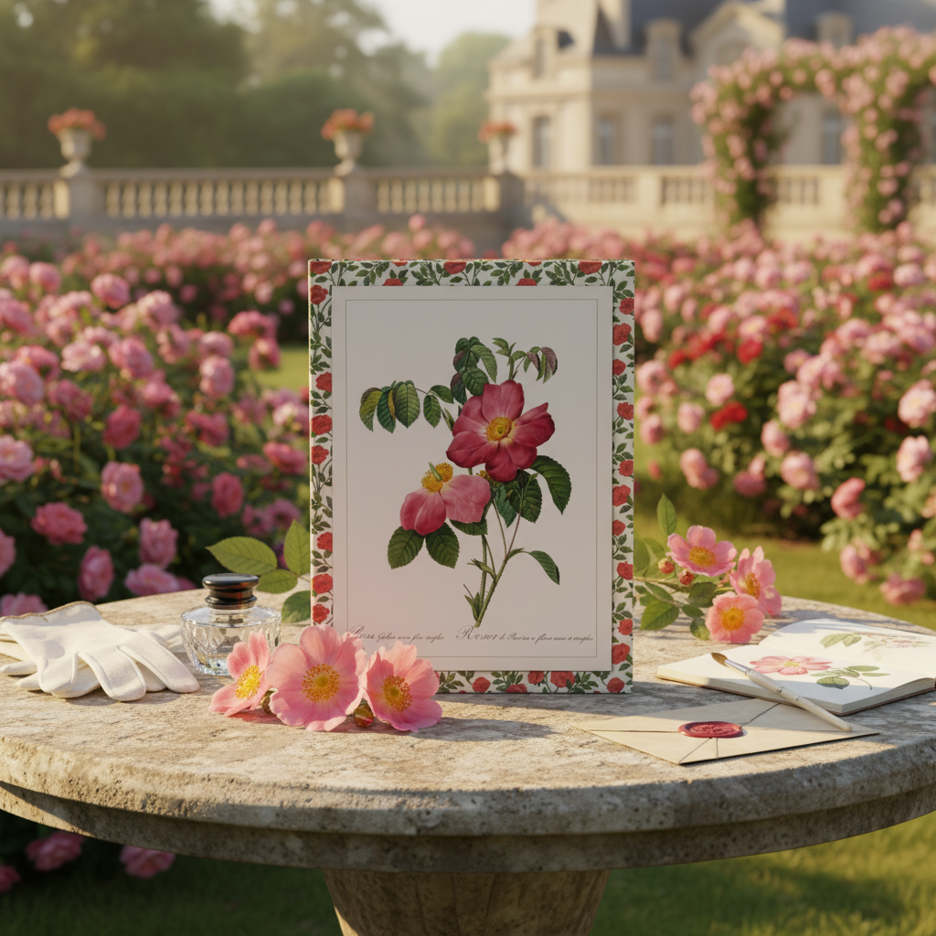 Redouté Les Roses 1817 rose journal in Malmaison garden Rosa Gallica blooms watercolor sketchbook château - LeBonJournal
