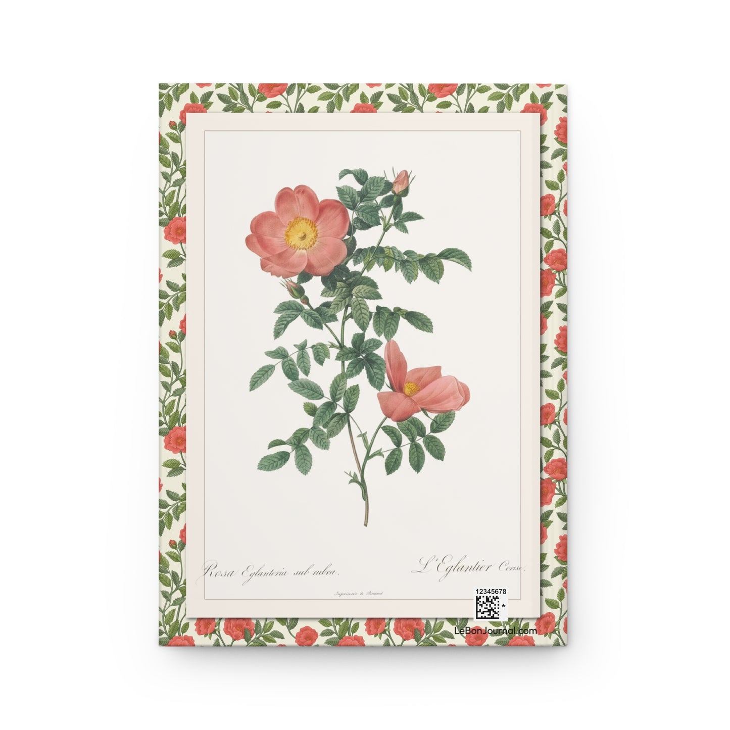 Redouté Les Roses 1817 back cover Rosa Eglanteria Sub Rubra Red Sweet Brier pink petals foliage - LeBonJournal

