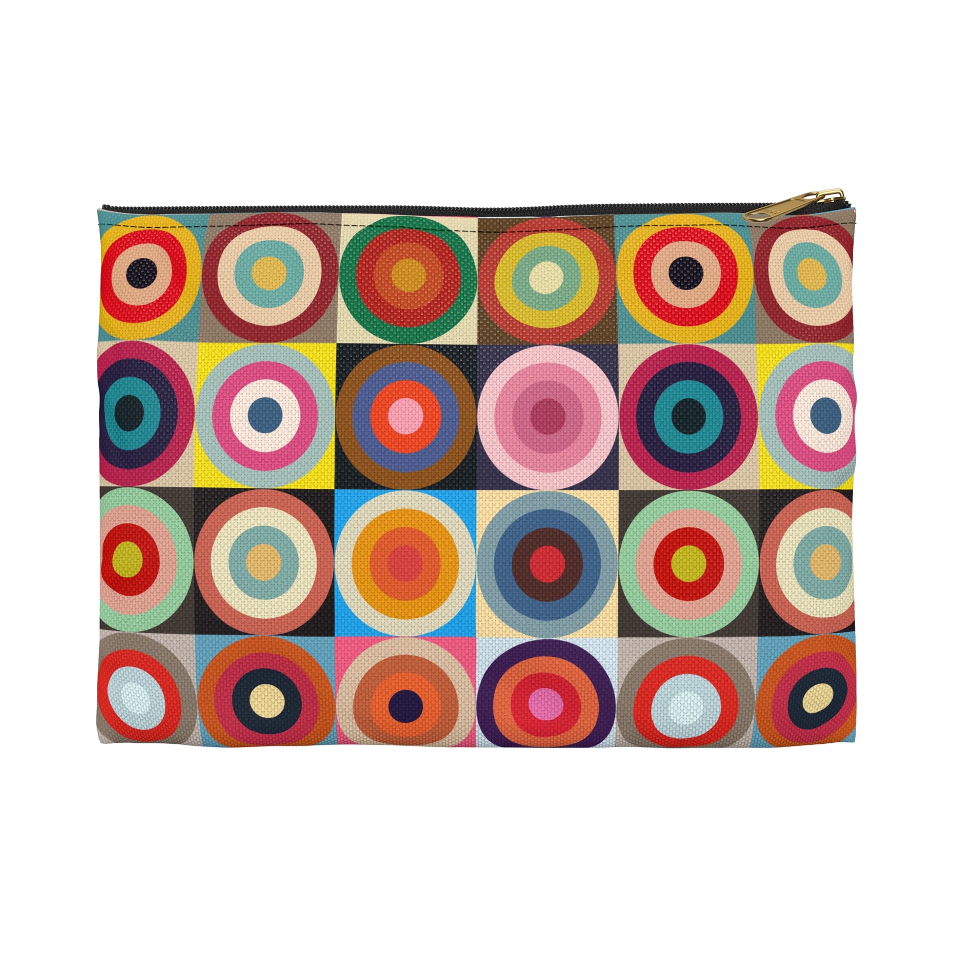 Retro circles accessory pouch large size angled view showing colorful concentric circles pattern and black zipper - LeBonJournal