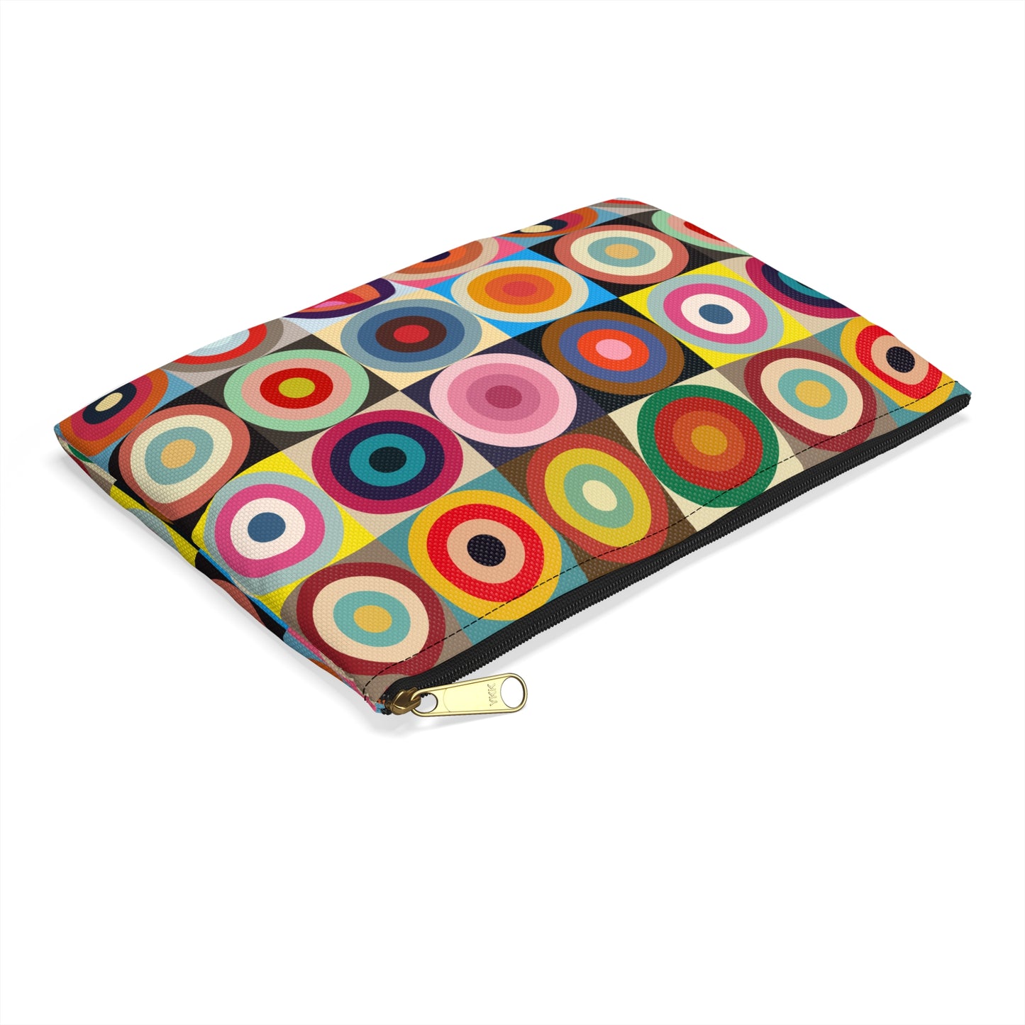 Retro circles accessory pouch large size angled view showing colorful concentric circles pattern and black zipper - LeBonJournal