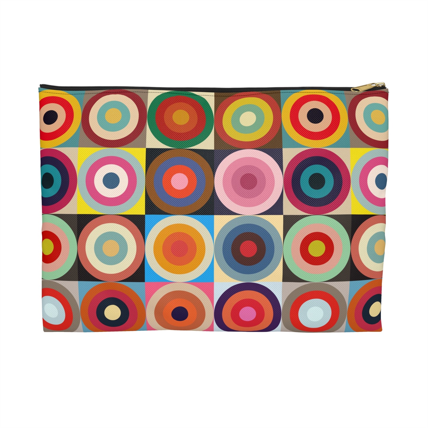 Retro circles accessory pouch large size front view with colorful concentric circles pattern and black zipper, gold puller - LeBonJournal