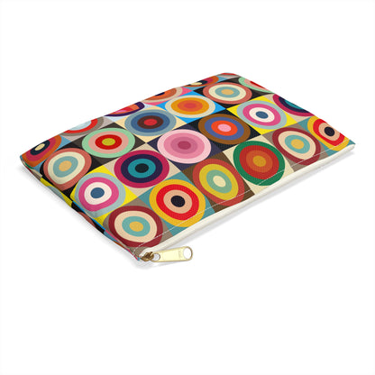 Retro circles accessory pouch small size angled view showing colorful concentric circles pattern and white zipper - LeBonJournal