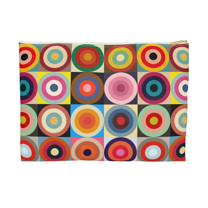 Retro circles accessory pouch small size front view with colorful concentric circles pattern and black zipper, gold puller - LeBonJournal