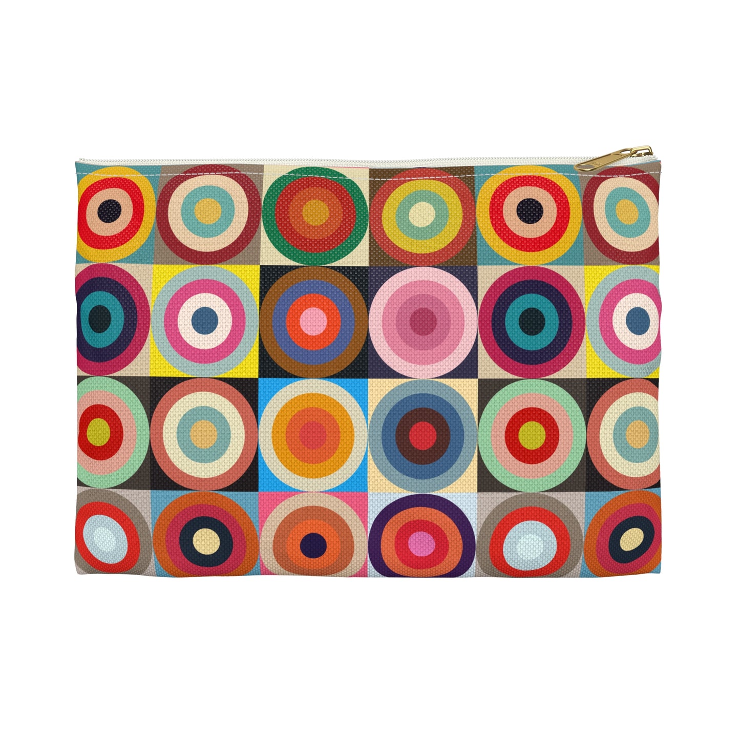 Retro circles accessory pouch small size front view with colorful concentric circles pattern and white zipper, gold puller - LeBonJournal