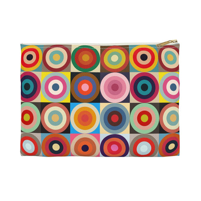 Retro circles accessory pouch small size front view with colorful concentric circles pattern and white zipper, gold puller - LeBonJournal