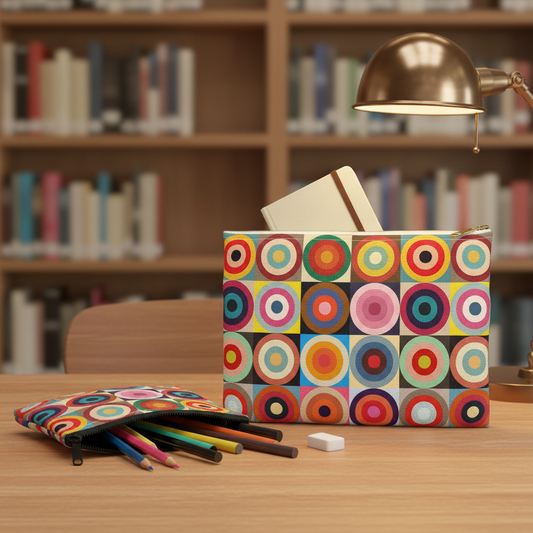 Retro circles accessory pouches small with black zipper and pencils, large with white zipper and notebook, in library - LeBonJournal