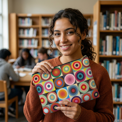 Young woman smiling and holding retro circles accessory pouch with colorful geometric pattern in library - LeBonJournal