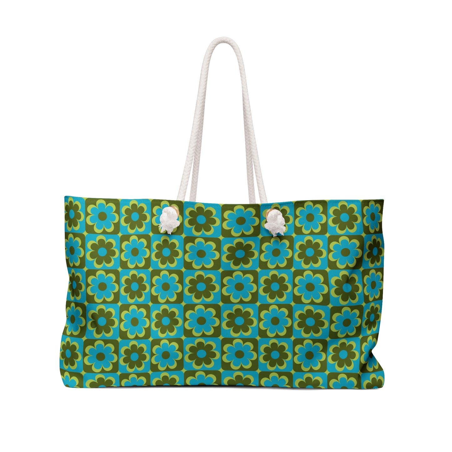 Retro floral campus bag in teal olive and cream 70s pop floral print with cream rope handles and gold grommets - LeBonJournal