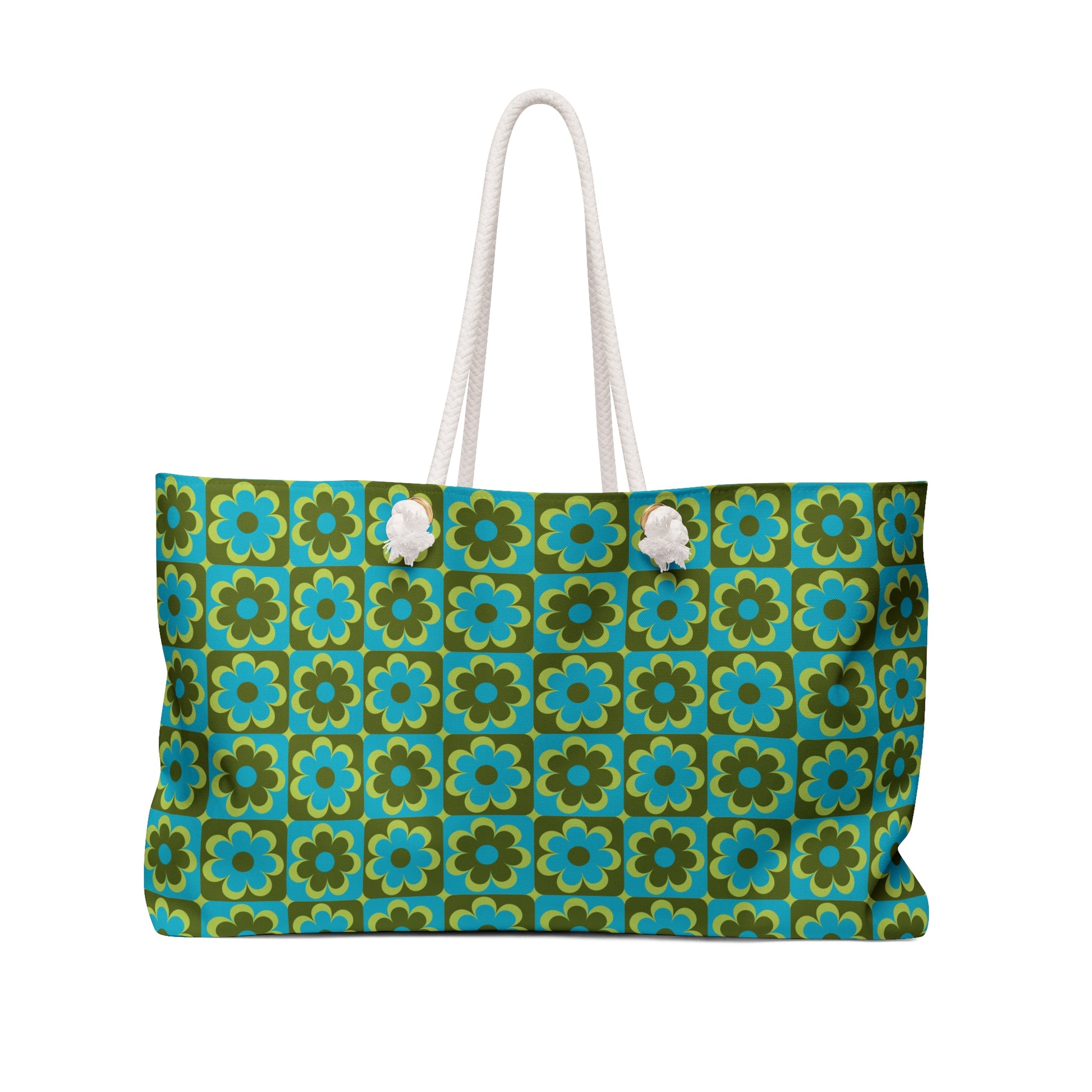 Retro floral campus bag in teal olive and cream 70s pop floral print with cream rope handles and gold grommets - LeBonJournal