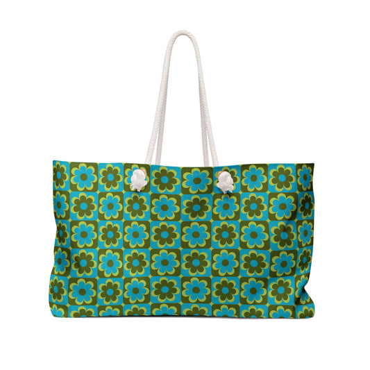 Retro floral campus bag in teal olive and cream 70s pop floral print with cream rope handles and gold grommets - LeBonJournal