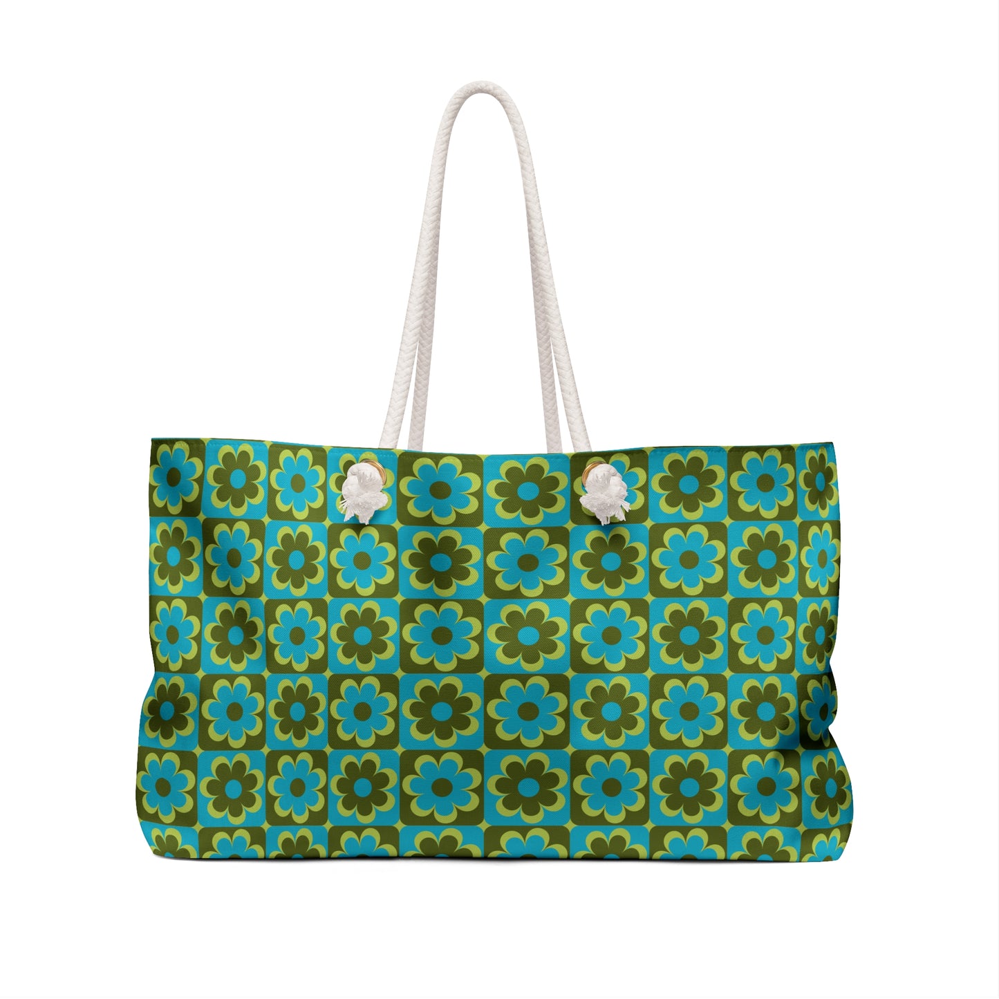Retro floral weekender bag back view in teal olive and cream 70s pop floral pattern with cream rope handles - LeBonJournal