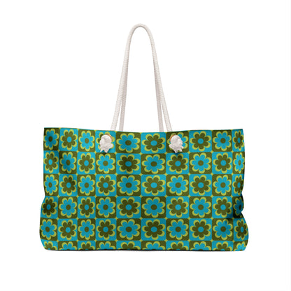 Retro floral weekender bag back view in teal olive and cream 70s pop floral pattern with cream rope handles - LeBonJournal