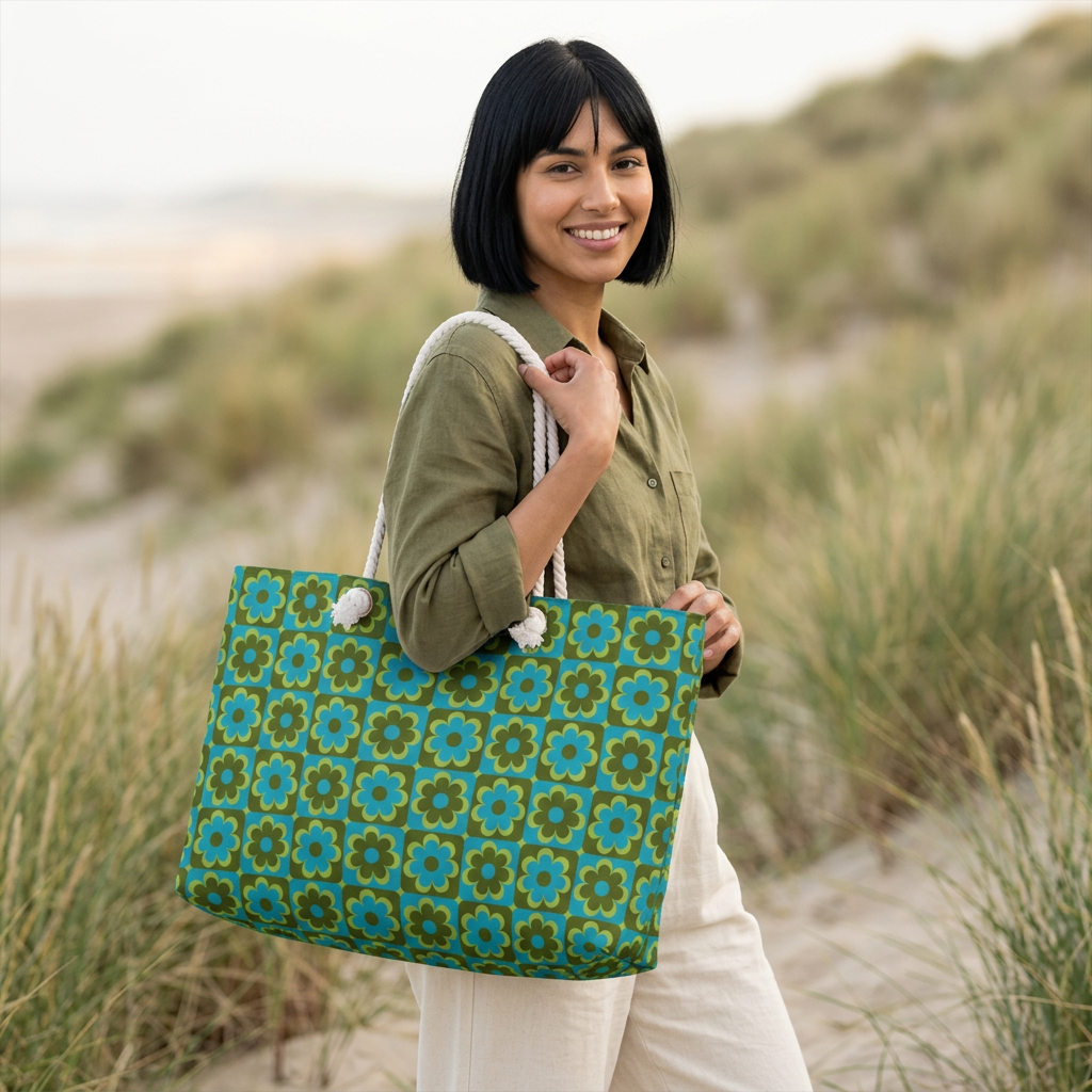 Young_woman_carrying_retro_floral_weekender_bag_on_shoulder_in_rugged_natural_outdoor_setting_-_LeBonJournal
