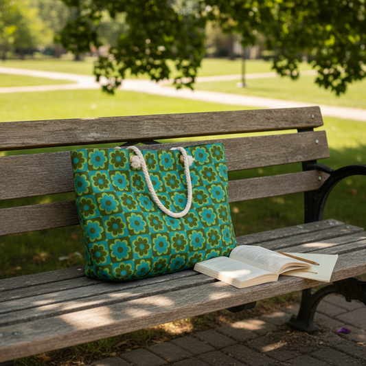 Retro floral weekender bag resting on wooden campus bench beside open book and pencil in dappled sunlight - LeBonJournal