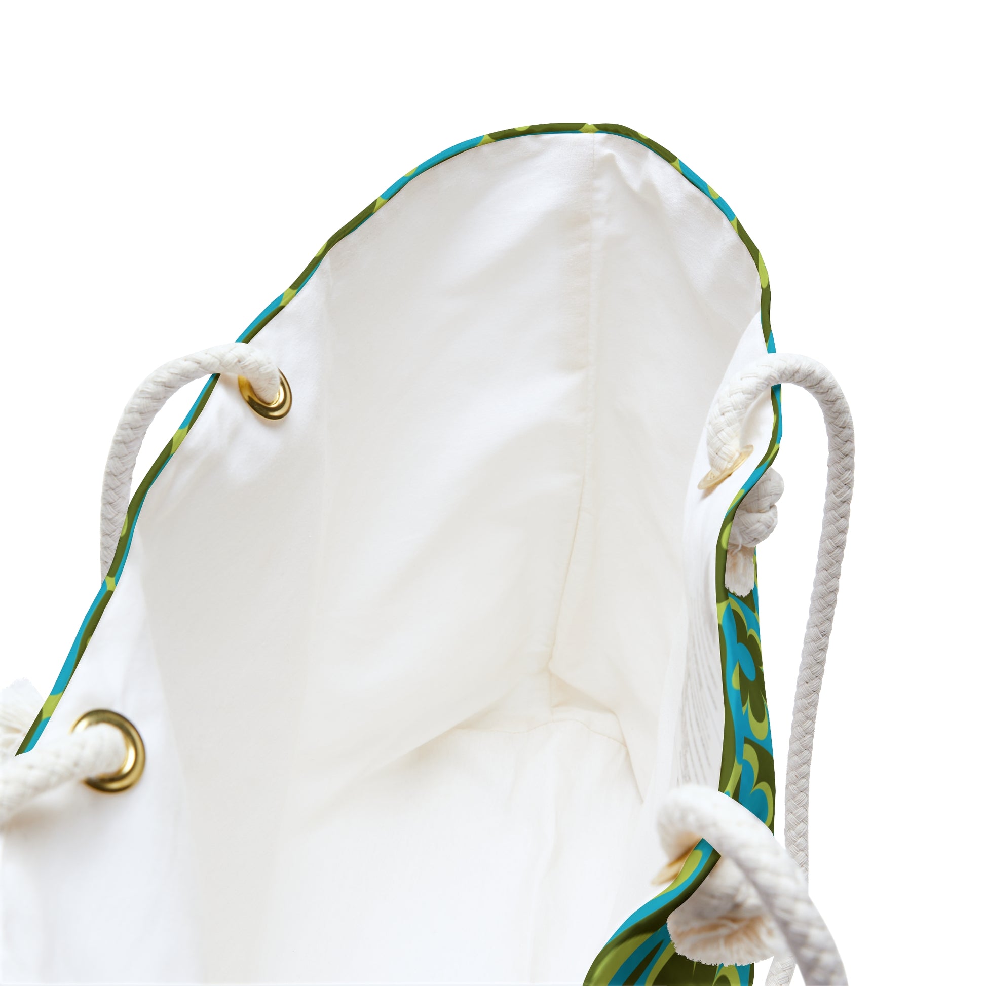 Interior of retro floral weekender bag showing spacious cream cotton-poly lining and wide structured opening - LeBonJournal