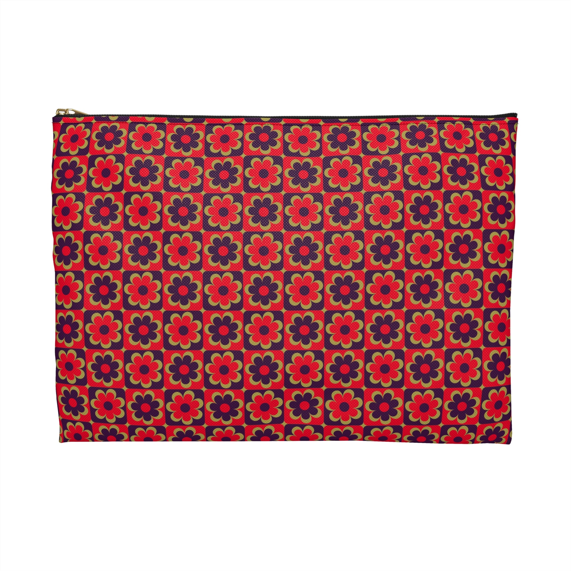 Retro red floral accessory pouch large size front view with bold 60s flower grid pattern in red, purple and olive - LeBonJournal