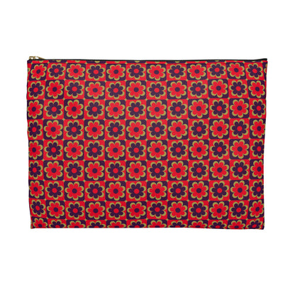 Retro red floral accessory pouch large size front view with bold 60s flower grid pattern in red, purple and olive - LeBonJournal