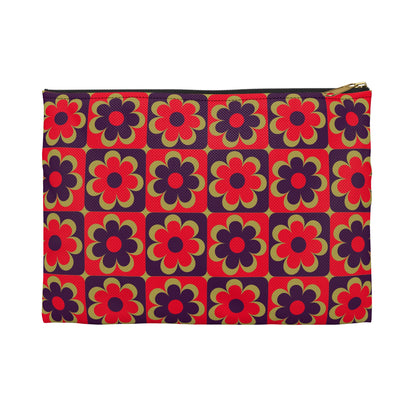Retro red floral accessory pouch small size front view with bold 60s flower grid pattern in red, purple and olive - LeBonJournal
