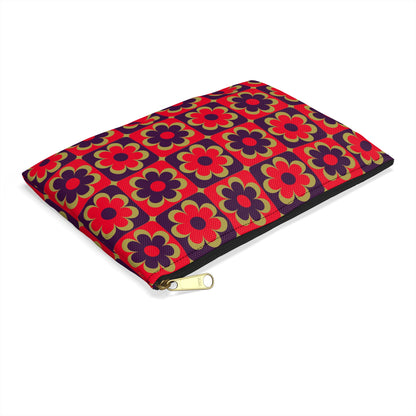 Retro red floral accessory pouch small size in angled flat lay view showing full 60s flower grid pattern and black zipper - LeBonJournal