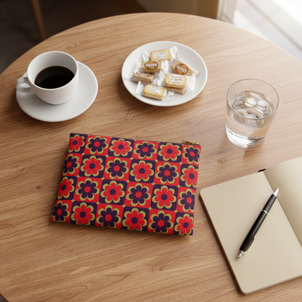 Retro red floral accessory pouches small and large at café table with coffee, mineral water bottle, biscuits and open notebook - LeBonJournal