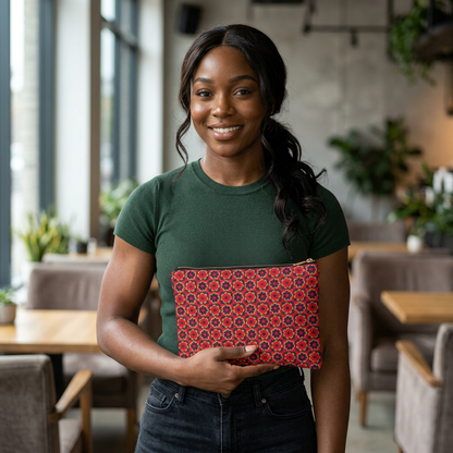 Young woman carrying retro red floral accessory pouch large size at café with bold 60s flower grid pattern - LeBonJournal