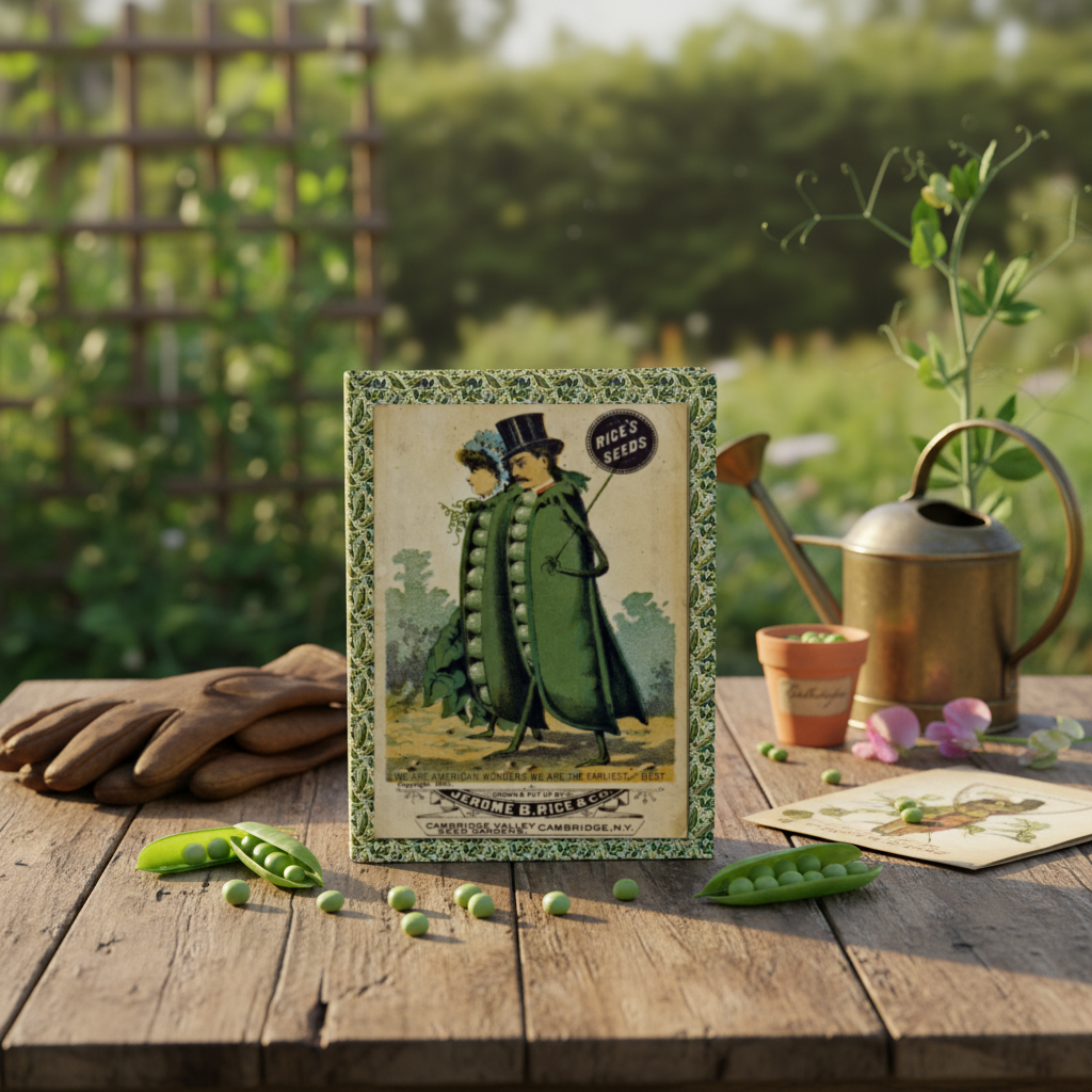Rice & Co. 1885 pea journal in Victorian kitchen garden pea pods leather gloves brass watering can seed legacy - LeBonJournal
