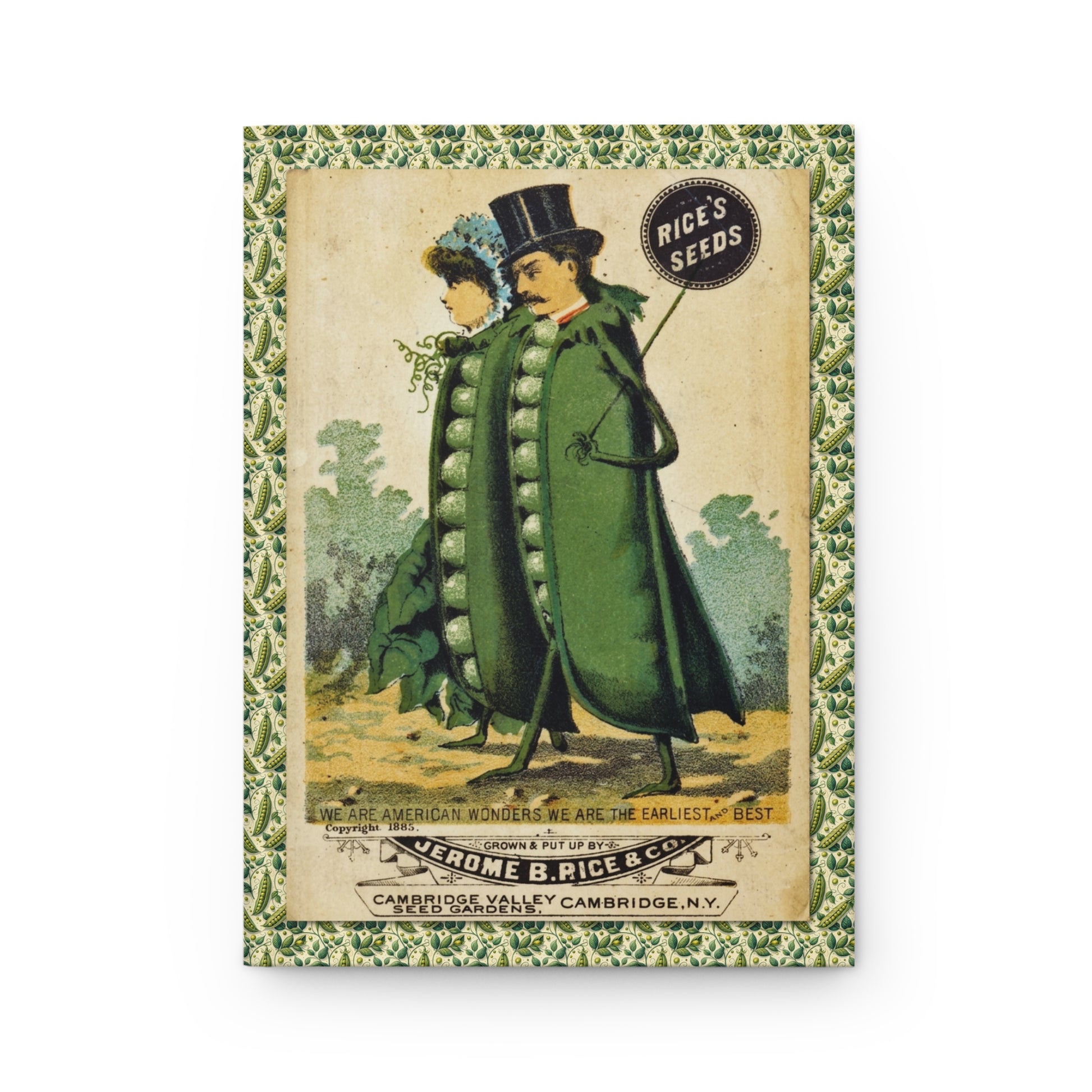 Rice's Seeds 1885 Victorian trade card front cover pea couple formal attire Cambridge Valley NY - LeBonJournal
