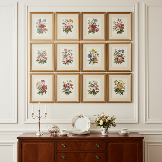Twelve Robert Tyas 1896 Language of Flowers hand-coloured botanical bouquet prints in gilt frames arranged in gallery wall above mahogany sideboard in elegant Victorian English room with boiserie panelling - LeBonJournal