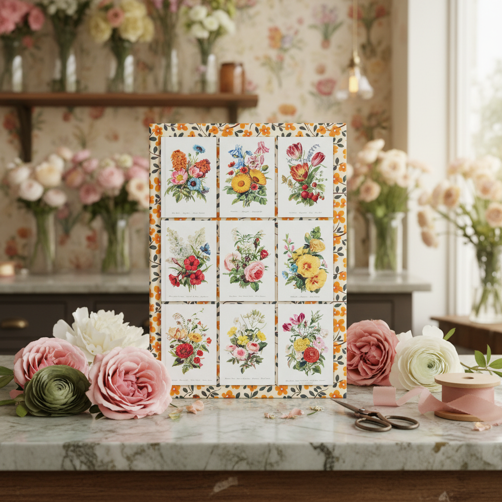 Robert Tyas 1896 floral bouquets journal on vintage flower shop marble counter with roses, peonies and florist scissors - LeBonJournal