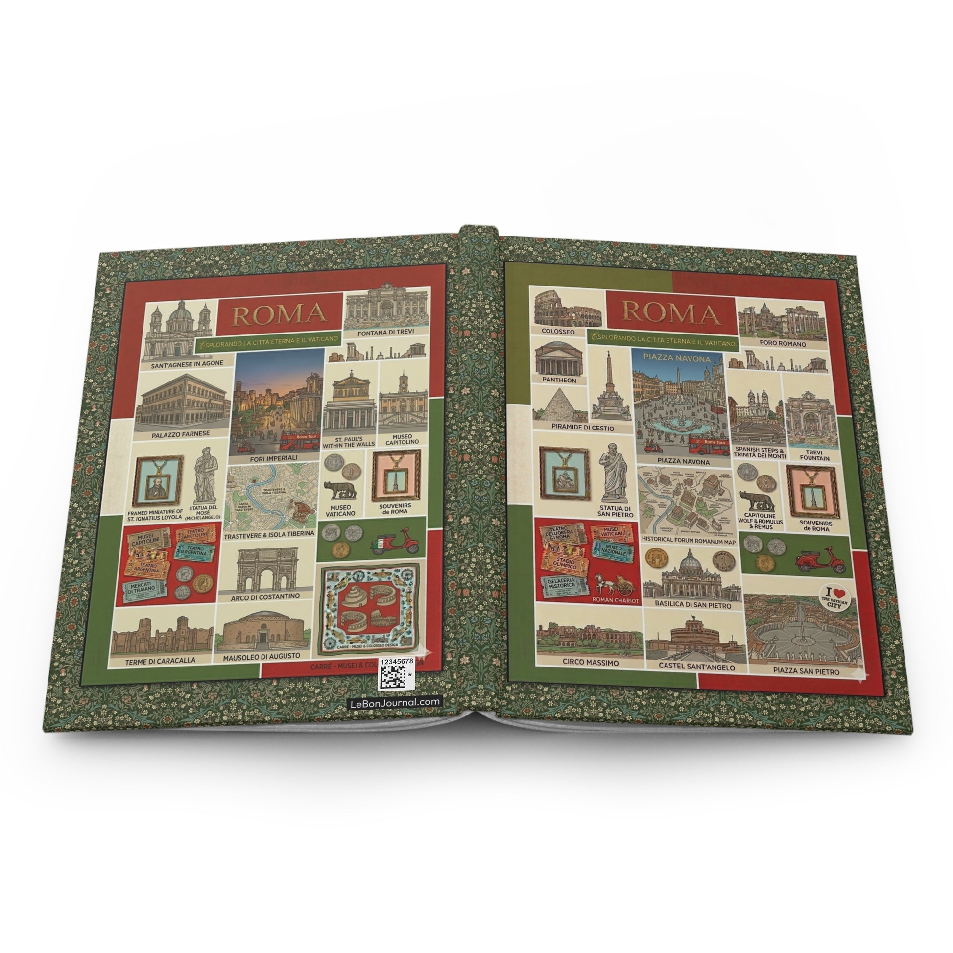 Rome hardcover journal spine and full-wrap Eternal City landmarks Italian tricolor collage design - LeBonJournal
