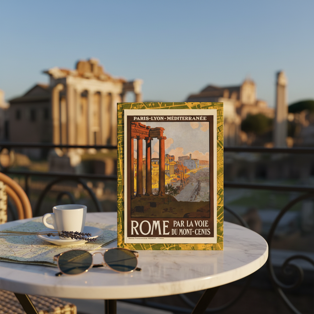 Rome travel journal on marble café terrace with espresso, vintage map and Roman ruins in golden afternoon light - LeBonJournal