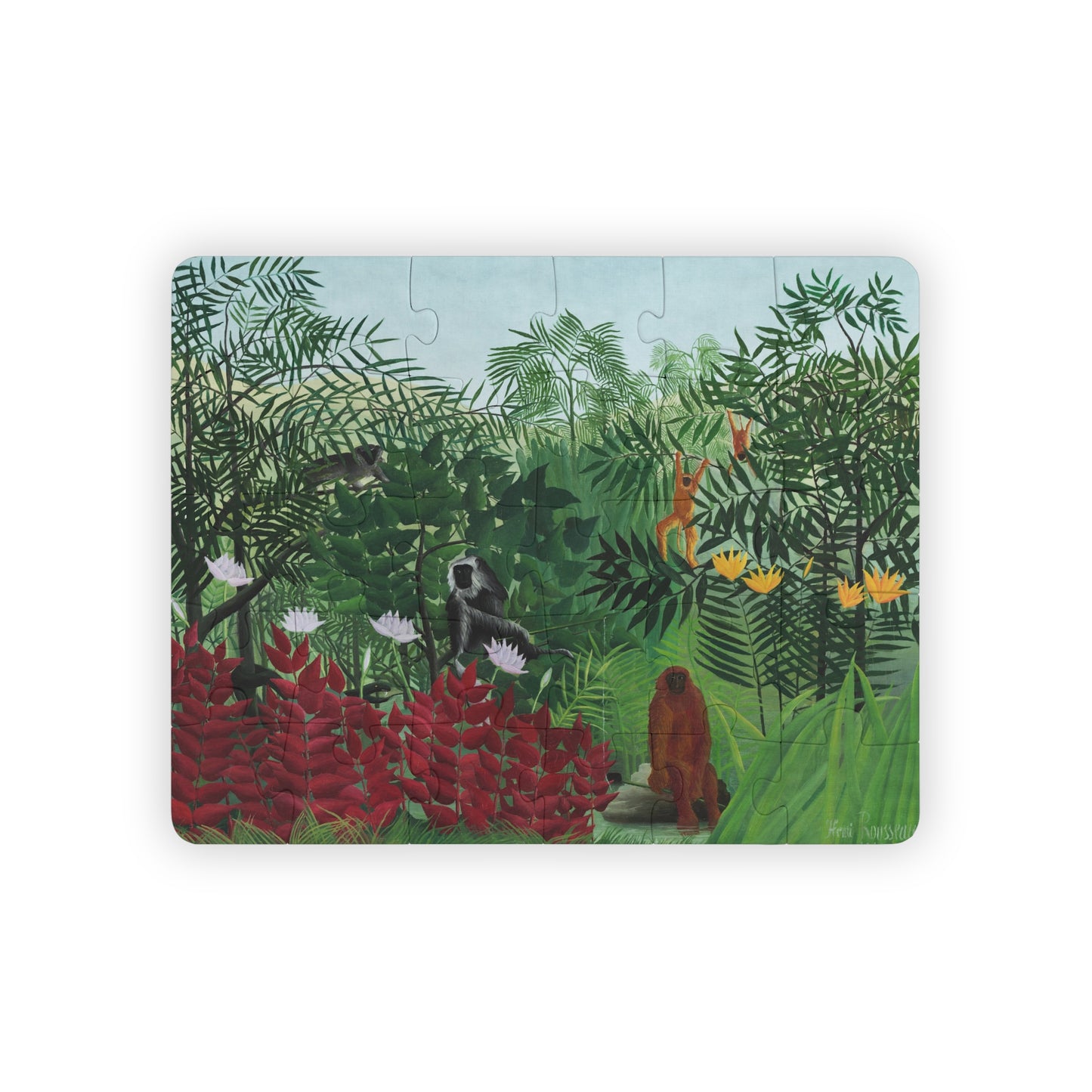 Rousseau Tropical Forest with Monkeys 30-piece puzzle showing vibrant jungle scene with five playful primates - LeBonJournal
