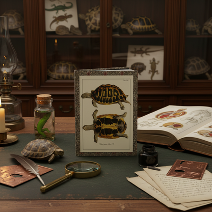 Schöpf 1792 Testudo graeca turtle journal on Victorian herpetologist's desk with cabinet of curiosities, tortoise shells and specimen jars - LeBonJournal