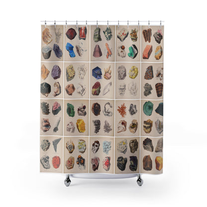 Shower curtain printed with vintage mineralogy plates from Henry Sowerby 1850 Popular Mineralogy showing crystalline structures, agate, quartz and gemstone illustrations - LeBonJournal
