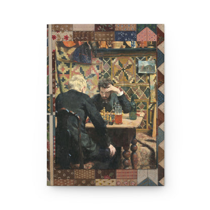 Sjakkspillere detail front cover from Gustav Wentzel 1886 oil painting, two men absorbed in chess, chiaroscuro light, bohemian studio - LeBonJournal