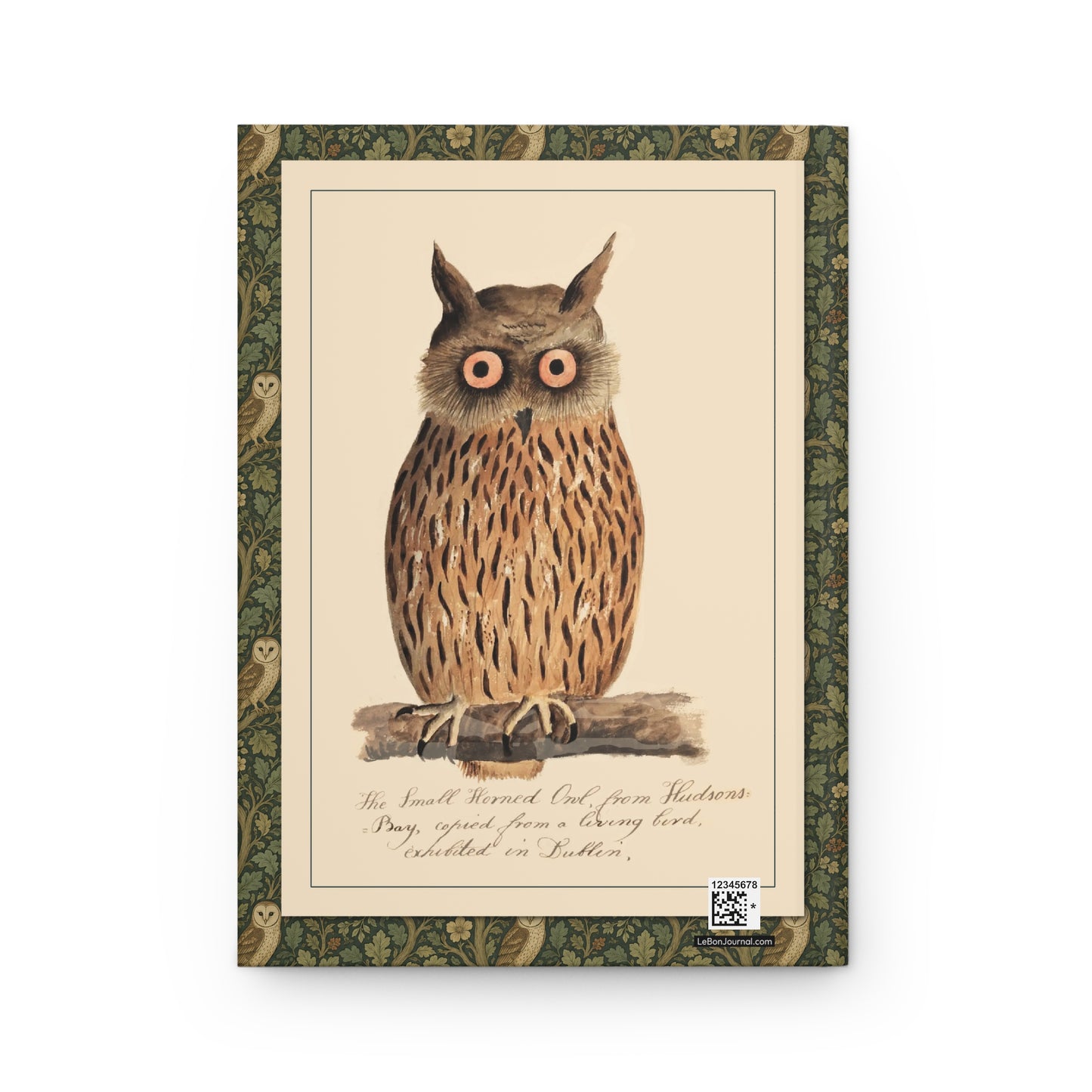 Owl journal back cover with Digby 1810 Small Horned Owl from Hudson's Bay and handwritten caption - LeBonJournal