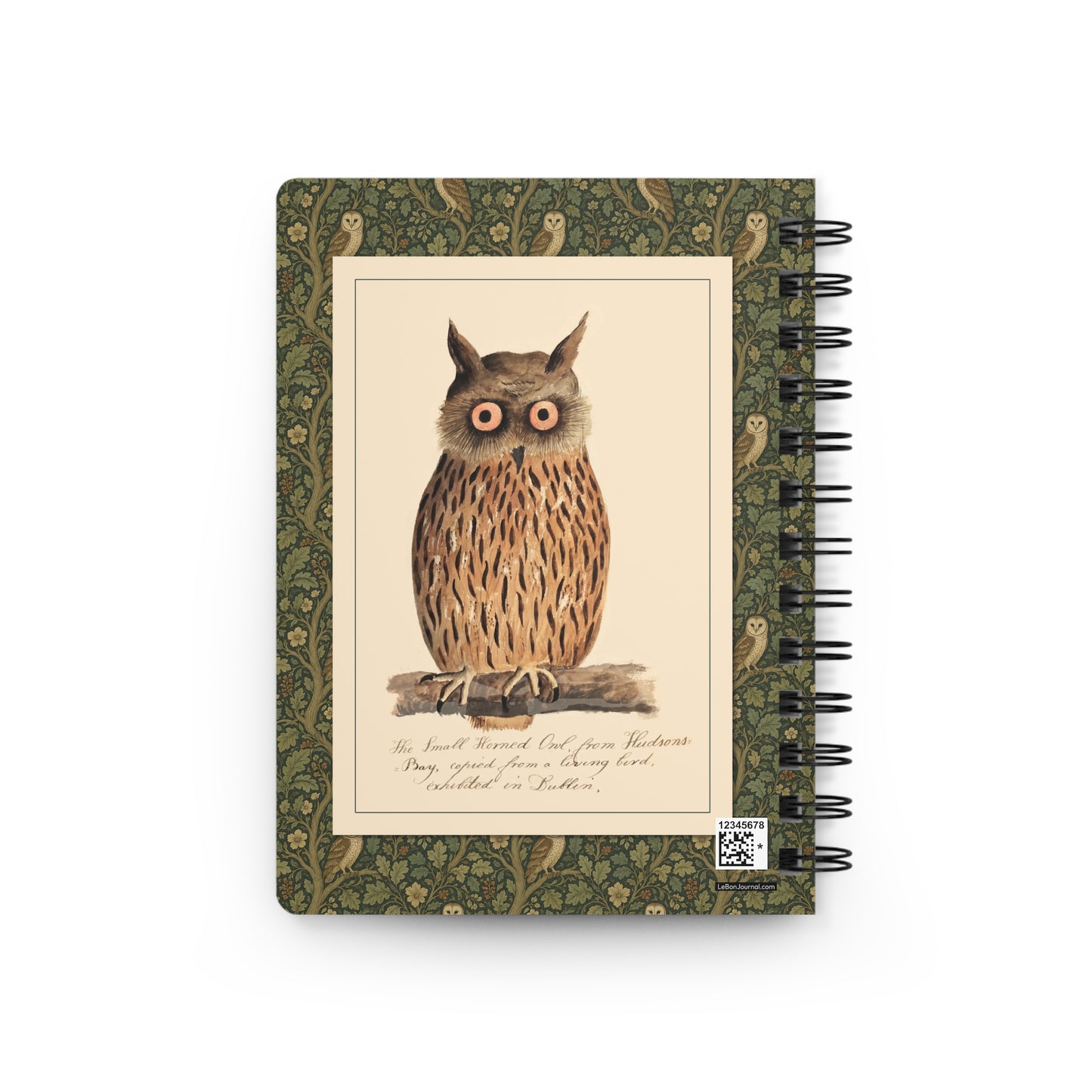 Owl spiral journal back cover with Digby 1810 Small Horned Owl from Hudson's Bay and handwritten Buffon caption - LeBonJournal