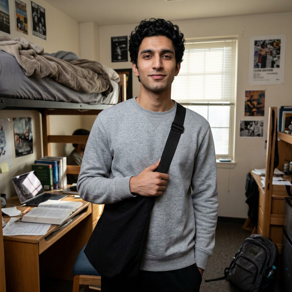 Young man wearing solid black crossbody bag 18x18 inches, unisex everyday city bag - LeBonJournal