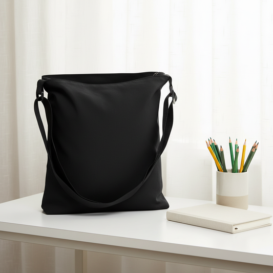 Solid black crossbody bag on white desk with green and yellow pencils holder and notebook, linen curtain background - LeBonJournal