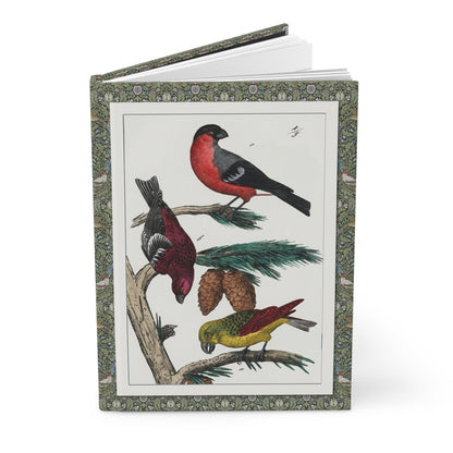 Naumann 1841 songbird hardcover journal standing vertically slightly open showing lined pages, European finch hand-coloured engraving cover - LeBonJournal