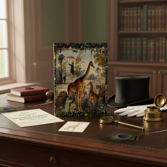 Spooner 1844 London Zoo journal on Victorian gentleman's desk with natural history ephemera, Regent's Park Zoological Gardens lithograph - LeBonJournal