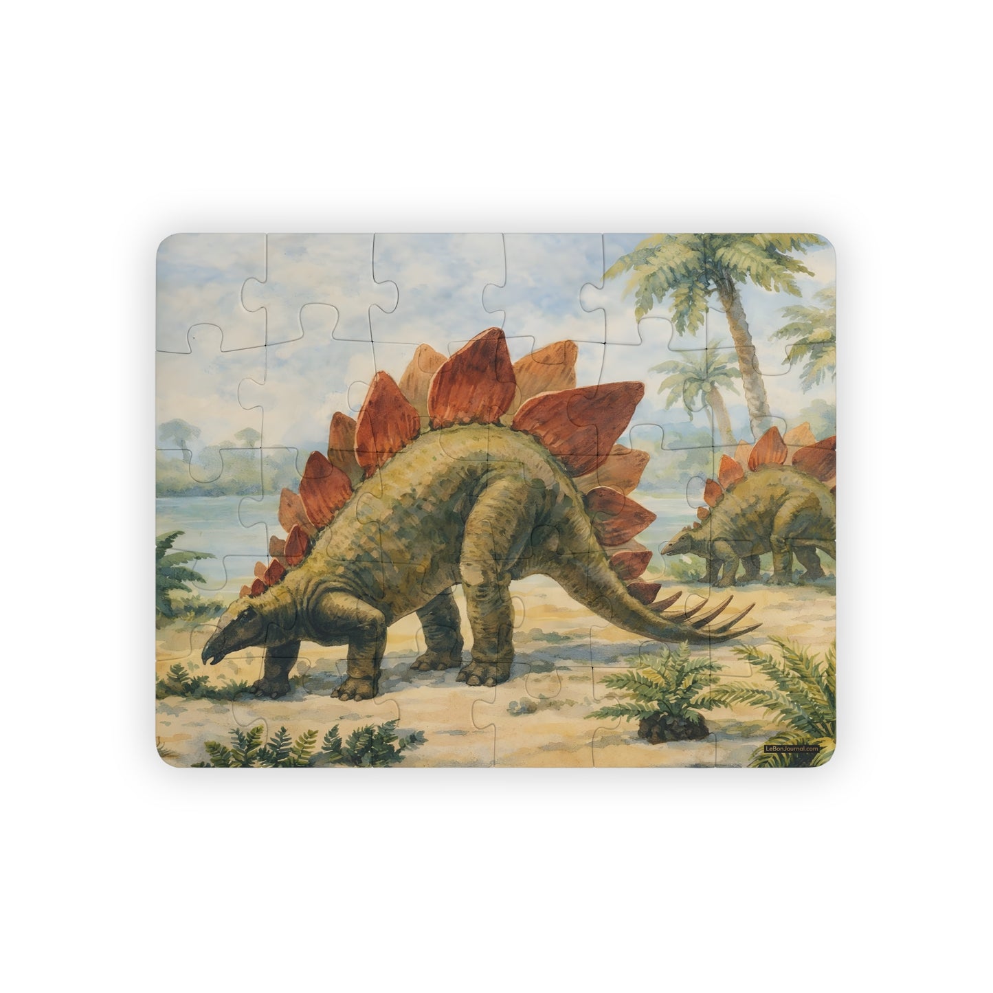 Stegosaurus kids' 30-piece puzzle complete, colorized 1945 paleoart by John C. Germann from The Dinosaur Book - LeBonJournal