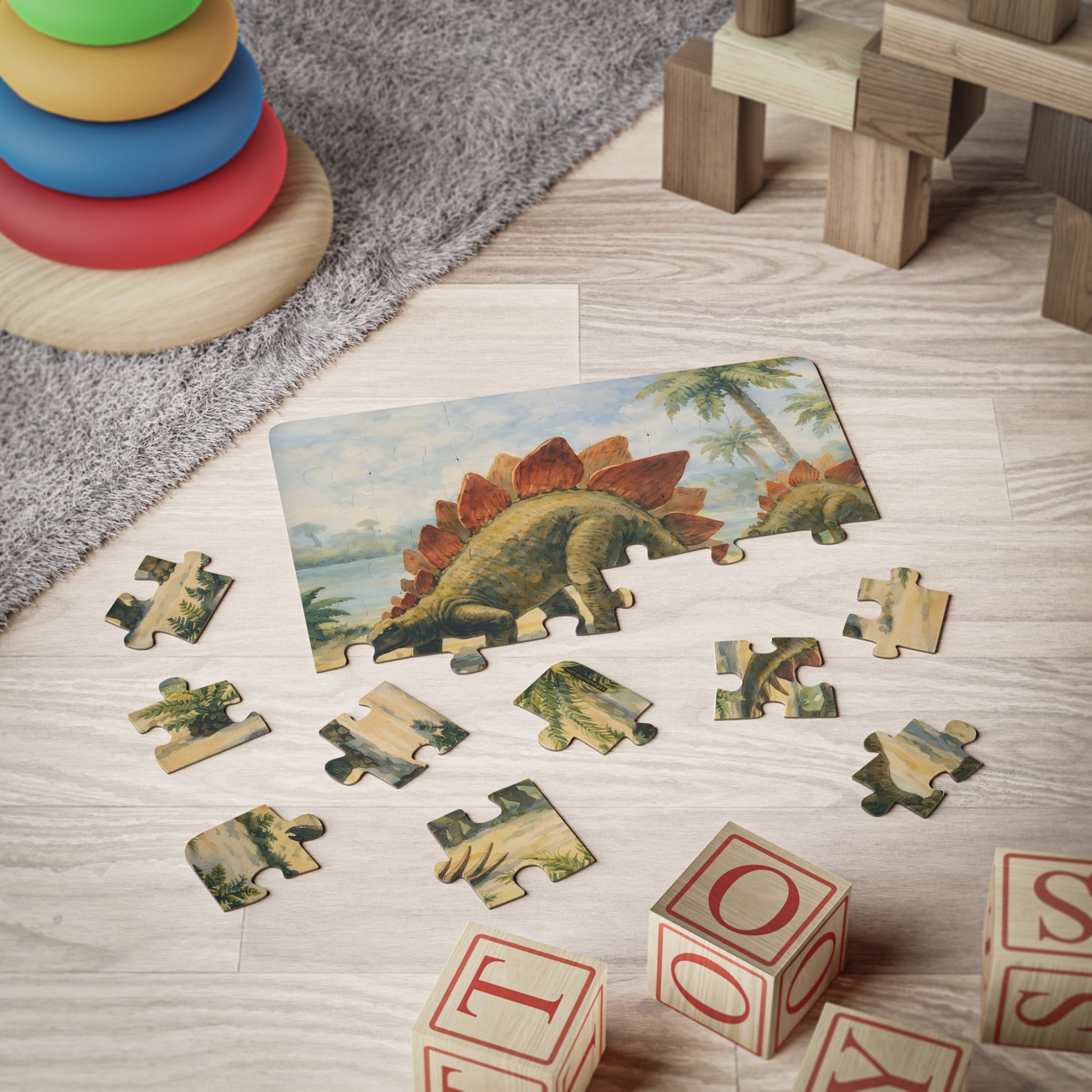 Stegosaurus 1945 colorized puzzle mid-assembly surrounded by children's toys in playroom setting - LeBonJournal