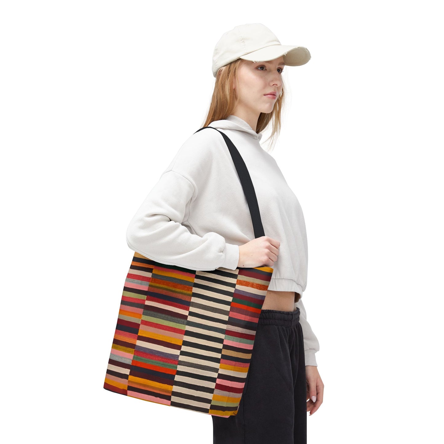 Striped colorblock tote bag 16×16 worn by young woman showing full capacity for everyday carry - LeBonJournal