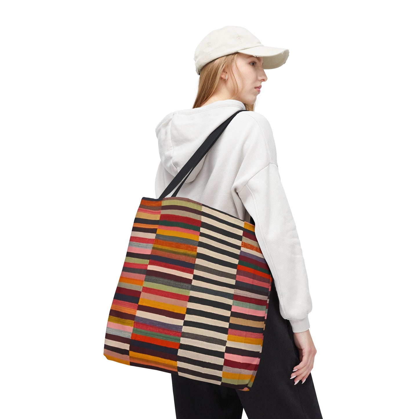Striped colorblock tote bag 18×18 worn by young woman showing large size for market and campus use - LeBonJournal