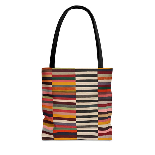 Striped colorblock tote bag with four-column geometric horizontal stripes in rust, mustard, olive and black - LeBonJournal