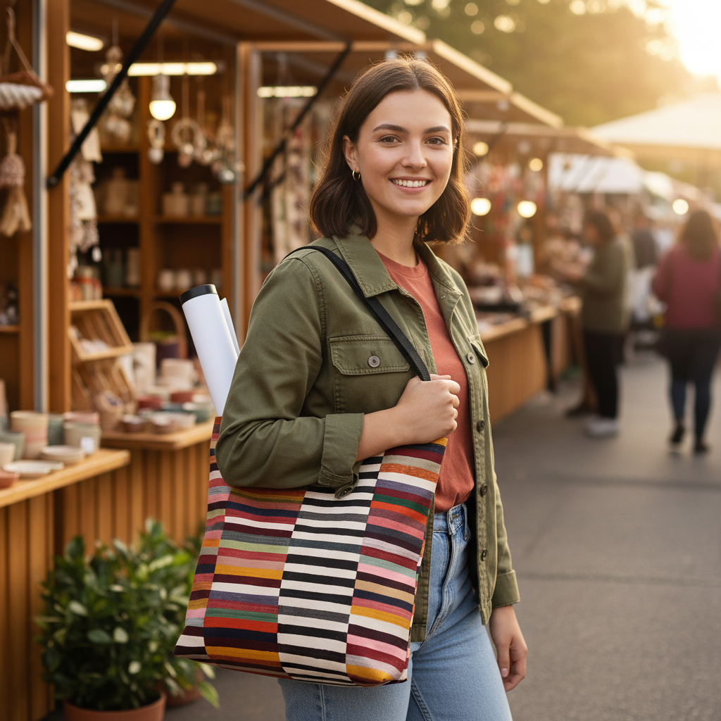 Striped colorblock tote bag worn by young woman at outdoor artisan market with architectural drawing tube - LeBonJournal