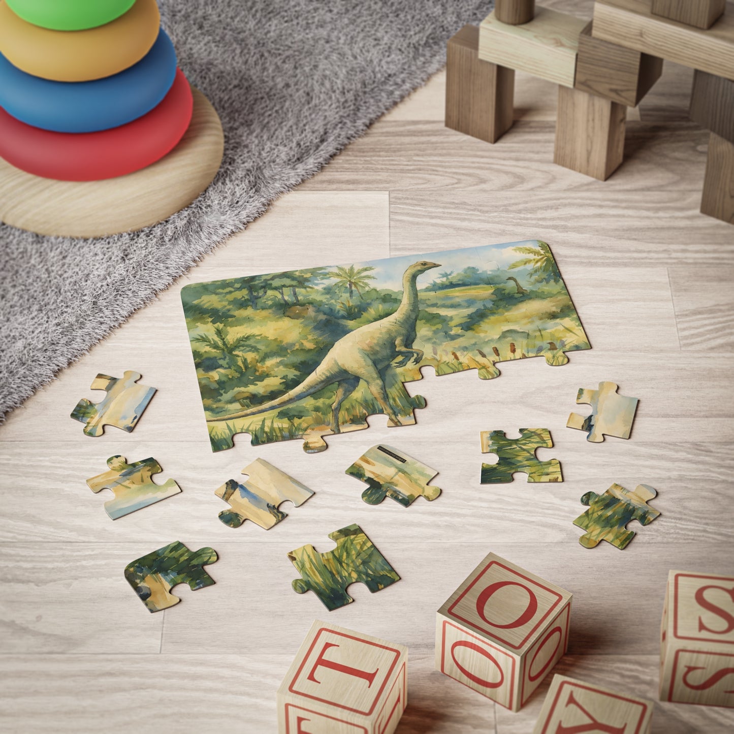 Struthiomimus 1906 watercolor puzzle mid-assembly surrounded by children's toys in playroom setting - LeBonJournal