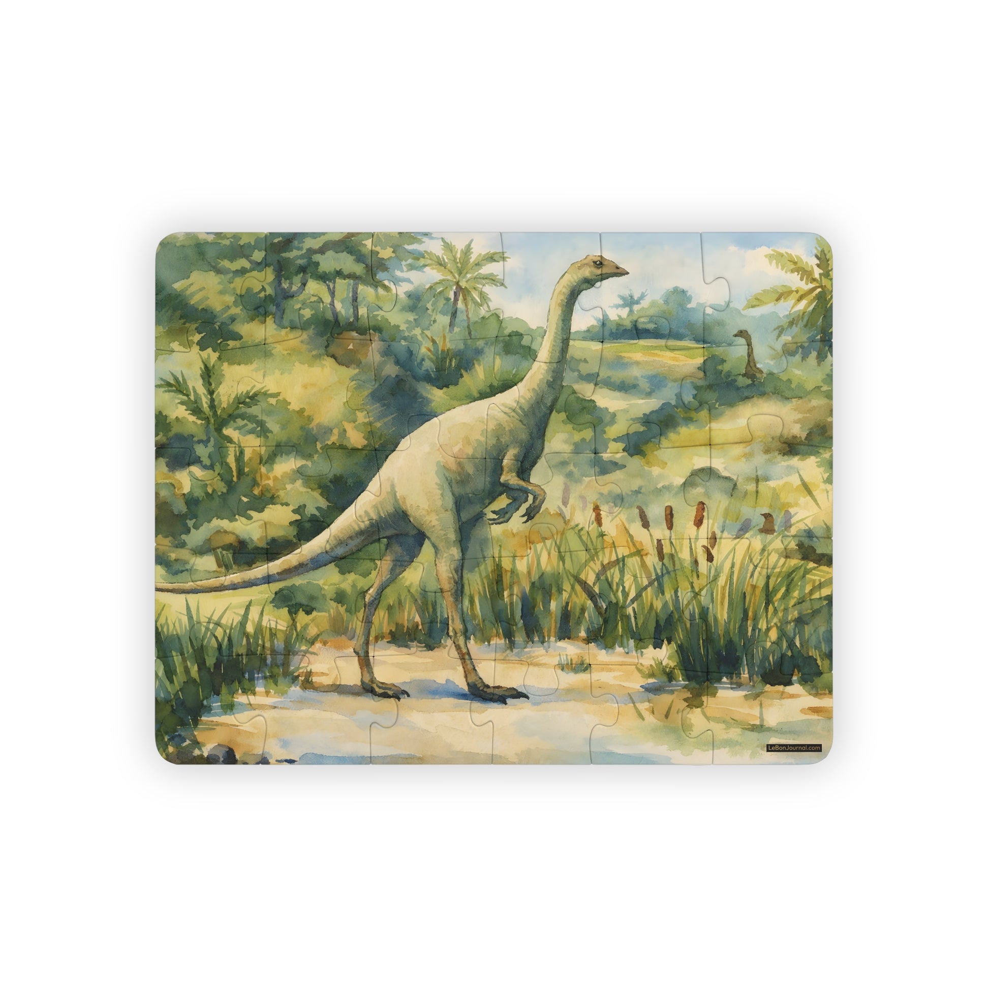 Struthiomimus kids' 30-piece puzzle complete, Harder 1906 watercolor paleoart from Tiere der Urwelt - LeBonJournal