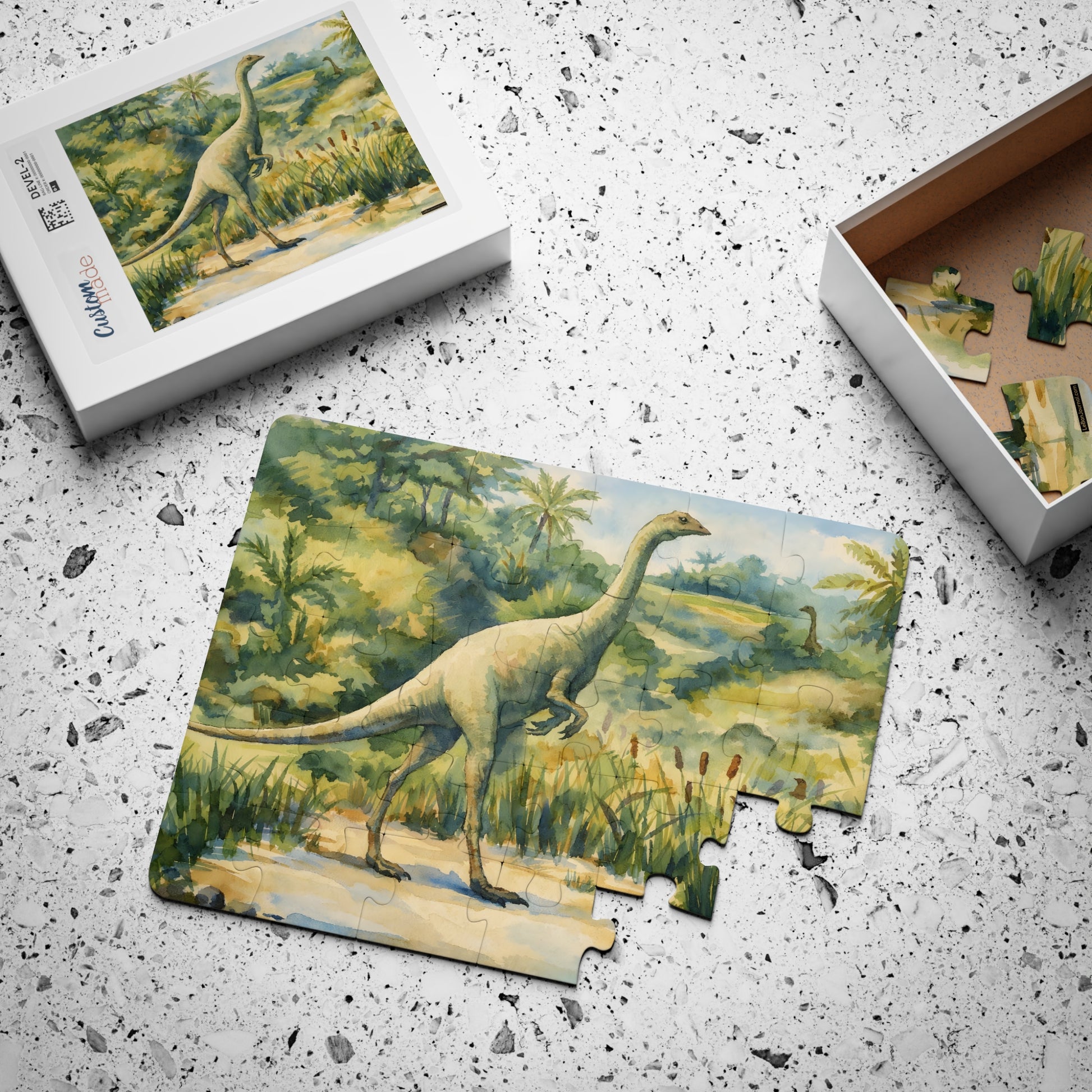 Struthiomimus kids' puzzle mid-assembly with box showing full-color reference image, 30 large pieces - LeBonJournal
